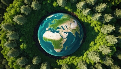 Lush Green Forest Surrounding Earth Globe in Vibrant Nature Scene from Above