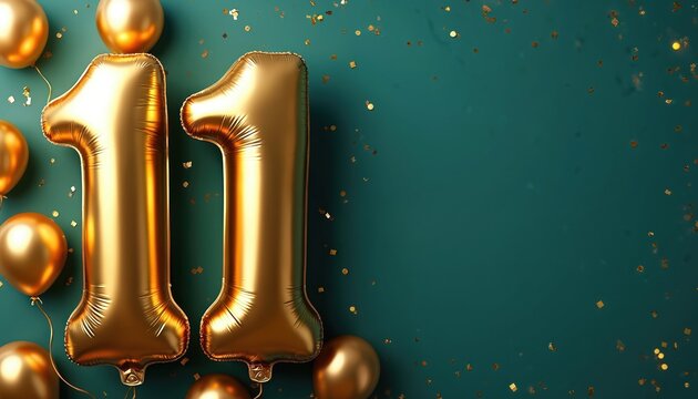 Golden balloons forming number 11 float near confetti. Festive design offers copy space for event details. Ideal for celebrations like birthdays or anniversaries.