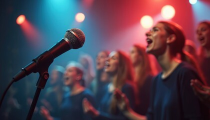 Obraz premium Group of people singing together on stage with microphones under colorful stage lights. Vocalists perform in unison, creating a powerful musical experience for an audience.