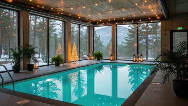 Indoor Pool Oasis with a Scenic View: A luxurious indoor swimming pool offers a serene retreat, surrounded by expansive windows that frame a breathtaking vista of snow-covered landscape.