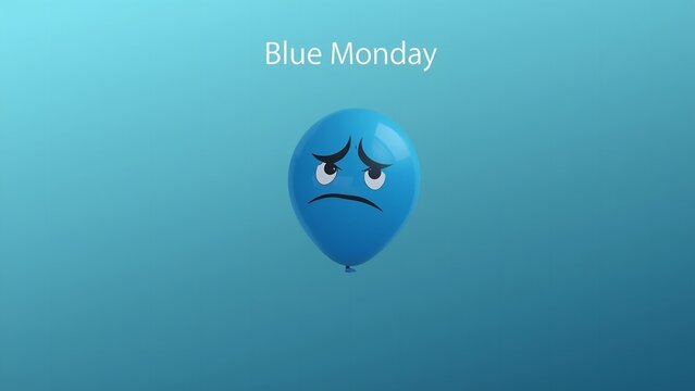 A blue balloon with a sad face represents Blue Monday