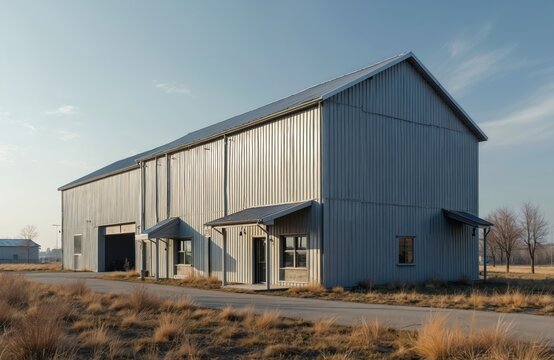 Large corrugated metal building with peaked roof. Industrial structure has small windows, awnings over doors. Located in rural area with dry grass and bare trees.