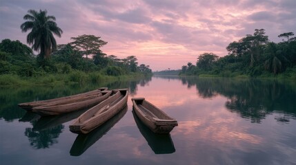 Tranquil River Scene at Dusk with Traditional Wooden Canoes and Lush Tropical Vegetation Under a Colorful Sky