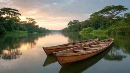Obraz premium Serene Sunrise Over Tranquil Lake with Wooden Canoes and Lush Green Forest in Background, Peaceful Natural Landscape at Dawn