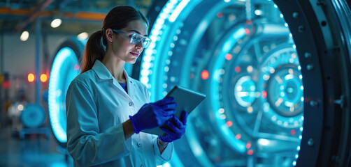 Female scientist works with tablet at futuristic hydrogen research facility. She wears lab coat safety glasses blue gloves near glowing reactor. Innovation in clean energy.