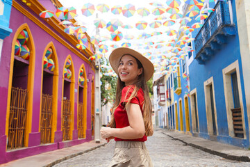 Tourism in Olinda, Brazil. Portrait of tourist woman visiting Olinda the city of famous Brazilian...