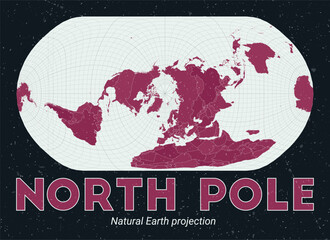 North Pole. World map. Natural Earth projection centered to North Pole. Pale Mint Dark Pink palette. Vintage texture. Vibrant vector illustration.