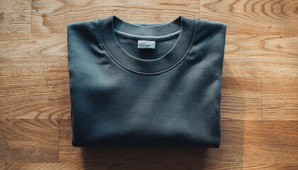 Folded Dark Blue Sweatshirt on a Wooden Plank Background hoodie pullover
