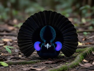 Displaying bird with black and blue feathers