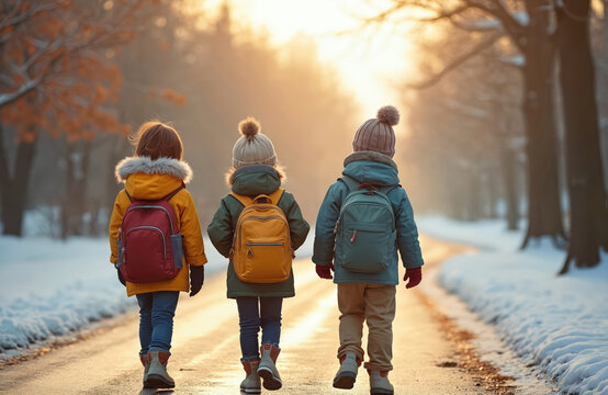 Three kids wearing backpacks walk on snowy path in winter forest. Children go to school together, wearing warm jackets and hats. Morning sun lights up frosty trees and path.
