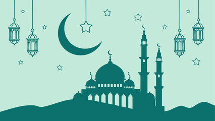 Islamic mosque silhouette with crescent moon, stars, and lanterns for eid al-fitr