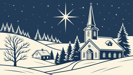 Fototapeta premium A serene winter night scene with a church, village, and a brilliant star above snowy hills