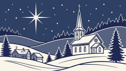 Naklejka premium A serene winter night with a charming village church under a radiant guiding star