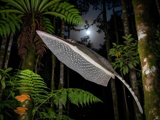 Moonlit forest with luminescent fungi