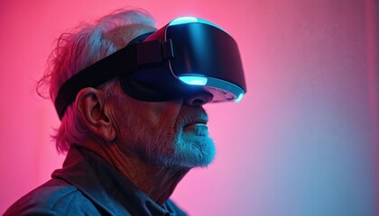 Elderly man wears VR headset exploring digital world. Senior citizen experiences virtual reality, enjoying futuristic tech. Captivated by immersive simulation, discovering new digital realms.