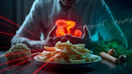 Man Suffering from Digestive Pain with Fast Food and Healthy Vegetables – Concept for Acid Reflux, Gastritis, and Gut Health Awareness