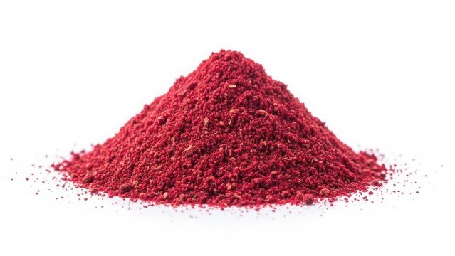 A vibrant pile of crimson red powder, possibly sumac or a dried berry blend, on a clean white background
