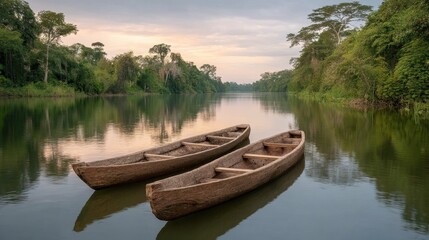 Fototapeta premium Serene River Landscape with Two Wooden Canoes Under Soft Morning Light in Lush Green Jungle Setting