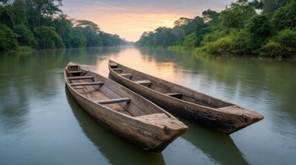 Obraz premium Tranquil Evening on a Serene River Featuring Two Traditional Wooden Boats Amidst Lush Greenery and a Beautiful Sunset Sky