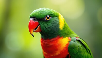 Vibrant green parrot with orange and red plumage has striking red beak. Bird sits in tropical foliage, details of feathers visible. It looks alert in its natural habitat.