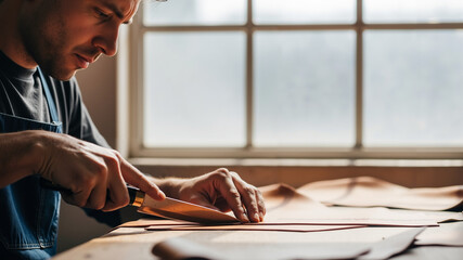 Craftsman cutting leather by window in workshop with focused expression  