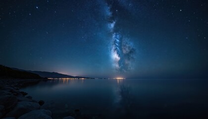 Milky Way galaxy over calm sea and distant city lights. Night sky filled with countless stars. Mountainous coastline reflected in dark water. Serene, natural panorama.