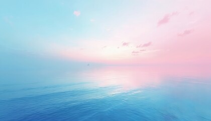 Calm ocean waves meet pastel pink and blue sky at horizon. Gentle water reflects soft clouds and distant island. Serene seascape background for tranquil design.