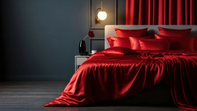 Luxurious bed with red satin sheets and throw blanket, nightstand with vase and flower. Romantic bedroom interior design. Comfortable sleep.