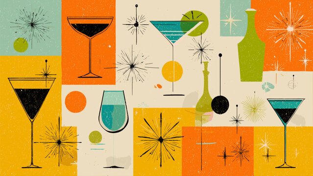Mid-century modern illustration of various cocktails and barware with atomic starbursts and geometric shapes.