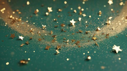 An abstract golden bokeh background with warm glowing light orbs in soft focus, featuring shimmering gold particles and glitter scattered across the foreground.