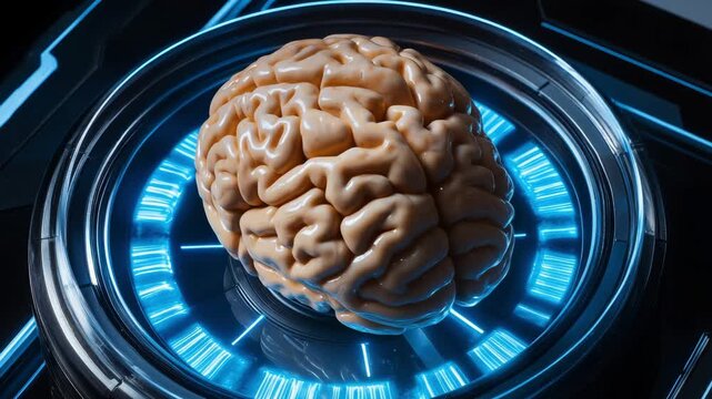 Futuristic brain simulation with rotating digital interface and blue light effects
