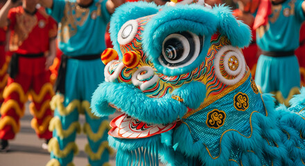 Naklejka premium Close-up of a turquoise lion costume with colorful patterns, part of a traditional chinese lion dance, symbolizing luck, celebration, and performance