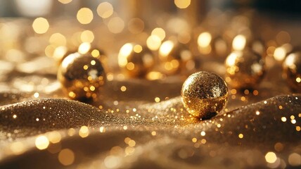 An abstract golden bokeh background with warm glowing light orbs in soft focus, featuring shimmering gold particles and glitter scattered across the foreground.