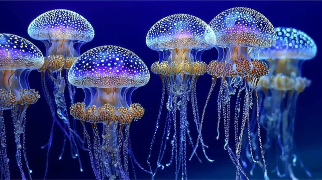 Group of jellyfish with spotted domes and trailing tentacles in a blue expanse