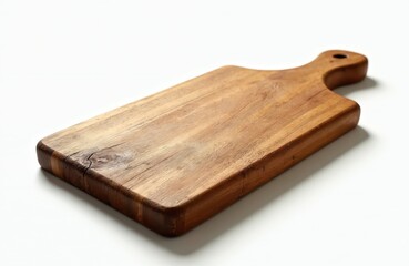 Fototapeta premium Rustic wooden chopping board with handle rests on white surface. Ideal for food prep or serving in kitchens. Offers ample copy space for text.