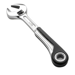 A silver and black adjustable wrench on a black background