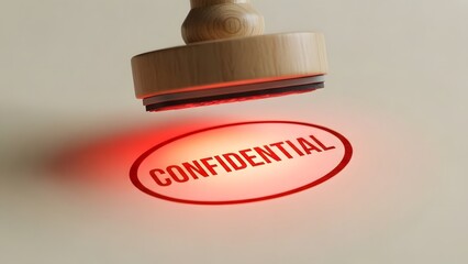 A wooden rubber stamp creating a glowing red impression of the word "confidential" on a light surface.