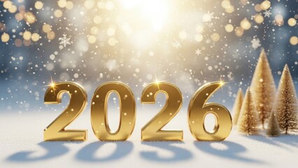 Golden 2026 new year celebration with trees and snowflakes in the background with bokeh lights