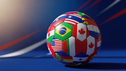 A soccer ball with flags of different countries on it against a blue background with streaks of light