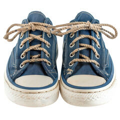 A pair of blue denim sneakers with white soles and beige laces on a black background