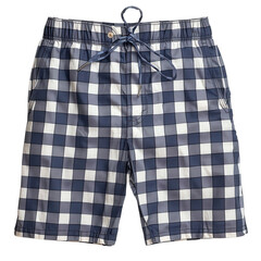 A pair of blue and white checkered swim shorts
