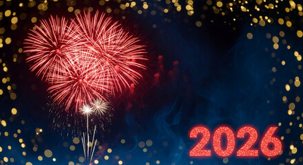 Image of red firework against dark blue backdrop with bokeh lights. Concept: celebration, event, holiday, festive atmosphere. Year 2026 in red glitter.
