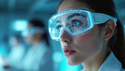 Young woman wears futuristic digital goggles, cyber tech glasses. Focused female looks ahead, sci fi tech vision. Blue light glows, modern woman in lab coat.