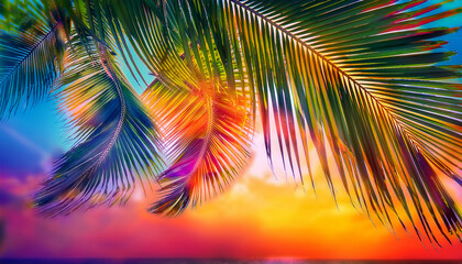 Fototapeta premium Vibrant Tropical Palm Leaves Gracefully Arch Against A Vivid Multicolored Background Creating A Lively And Exotic Atmosphere Perfect For Summer Vibes