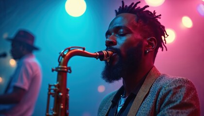 Musician plays saxophone with closed eyes. Another musician in hat stands blurred background. Stage lights glow blue and pink creating mood. Immersive jazz performance in club.