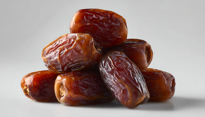 A stack of sun ripened medjool dates on white background