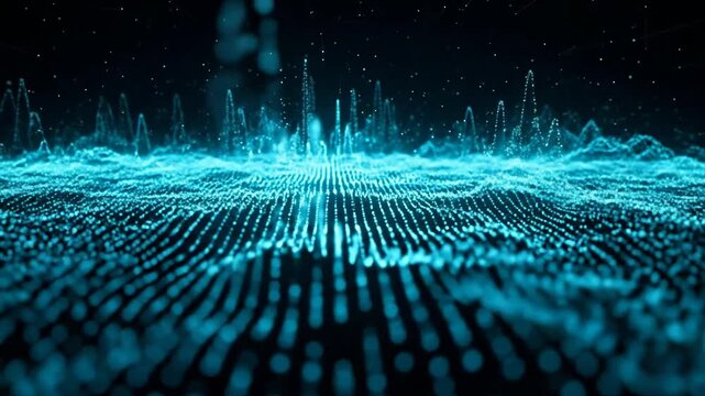 Abstract Digital Waveform Animation in Turquoise Blue Color with Sparkling Particles and Dark Background