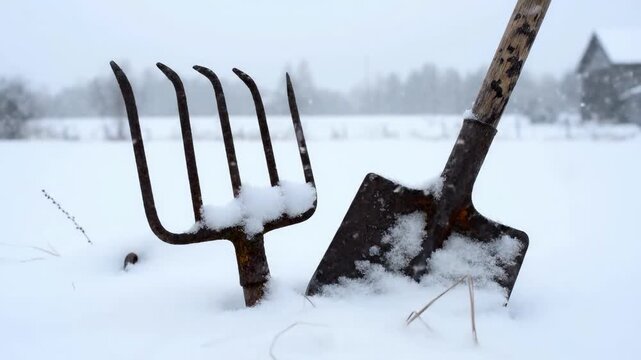 Snow-covered farm tools resting in a serene winter landscape, viewed from a low angle with a pitchfork and shovel standing upright.