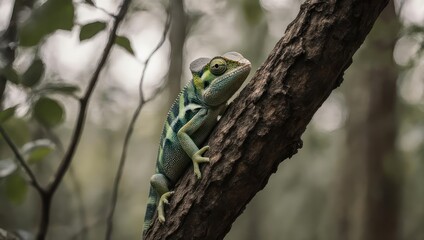 Green chameleon camouflaged on a tree branch in a lush forest.