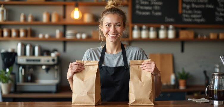 Young woman barista in apron smiles holding brown paper bags at cafe counter. Offering takeaway food or drinks, friendly service for happy client. Ready for business.